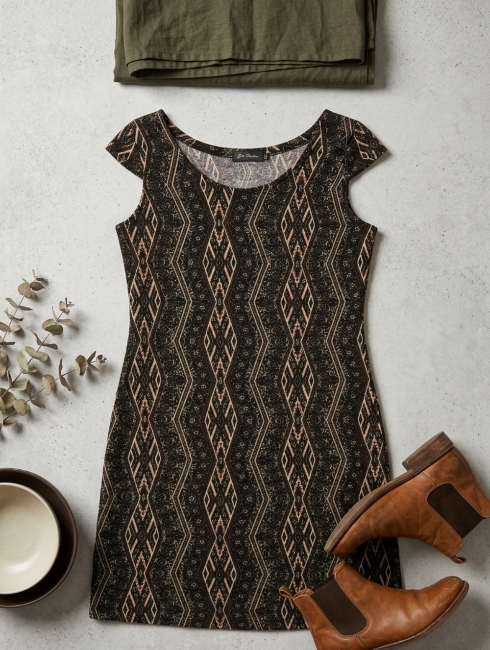 Joli Clothes XL Black Brown Geometric Tribal Knit Cap Sleeve‎ Mini Shift Dress
